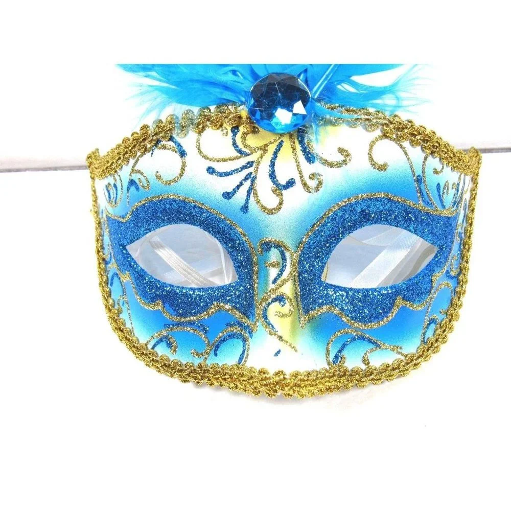 Eye Mask Womens Halloween Mardi Gras Feather Blue Masquerade Mask One Size New